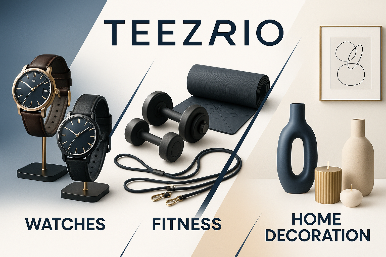 Dynamic banner design for an online store including premium watches, fitness equipments, and home decoration accessories.