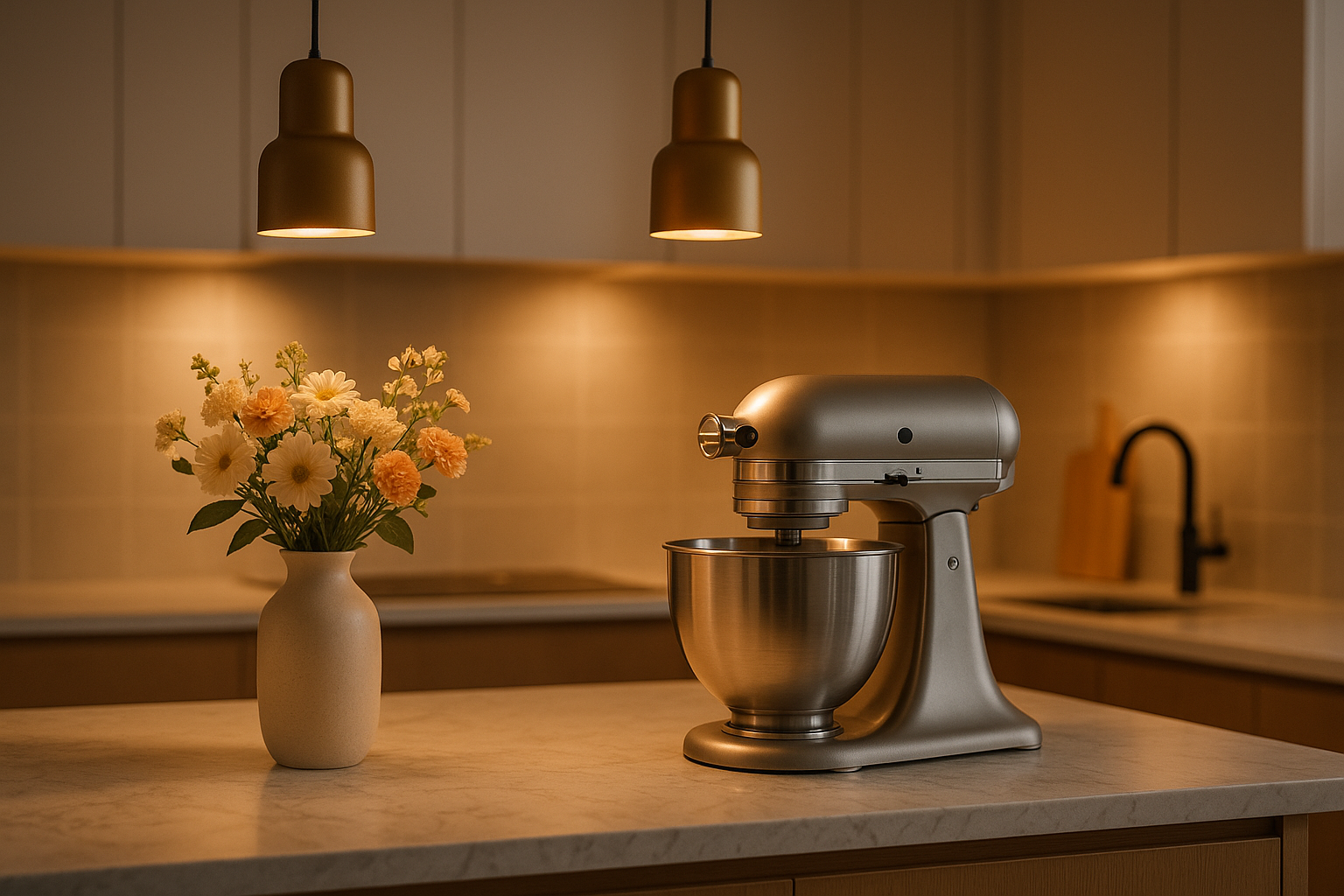 Modern scene, warm lightning, beautiful vase, a useful kitchen tool, modern lamps